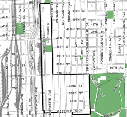 47th/State TIF district, roughly bounded on the north by 43rd Street, Garfield Boulevard on the south, Dr. Martin Luther King Jr. Drive on the east, and the METRA/Rock Island railroad tracks on the west.